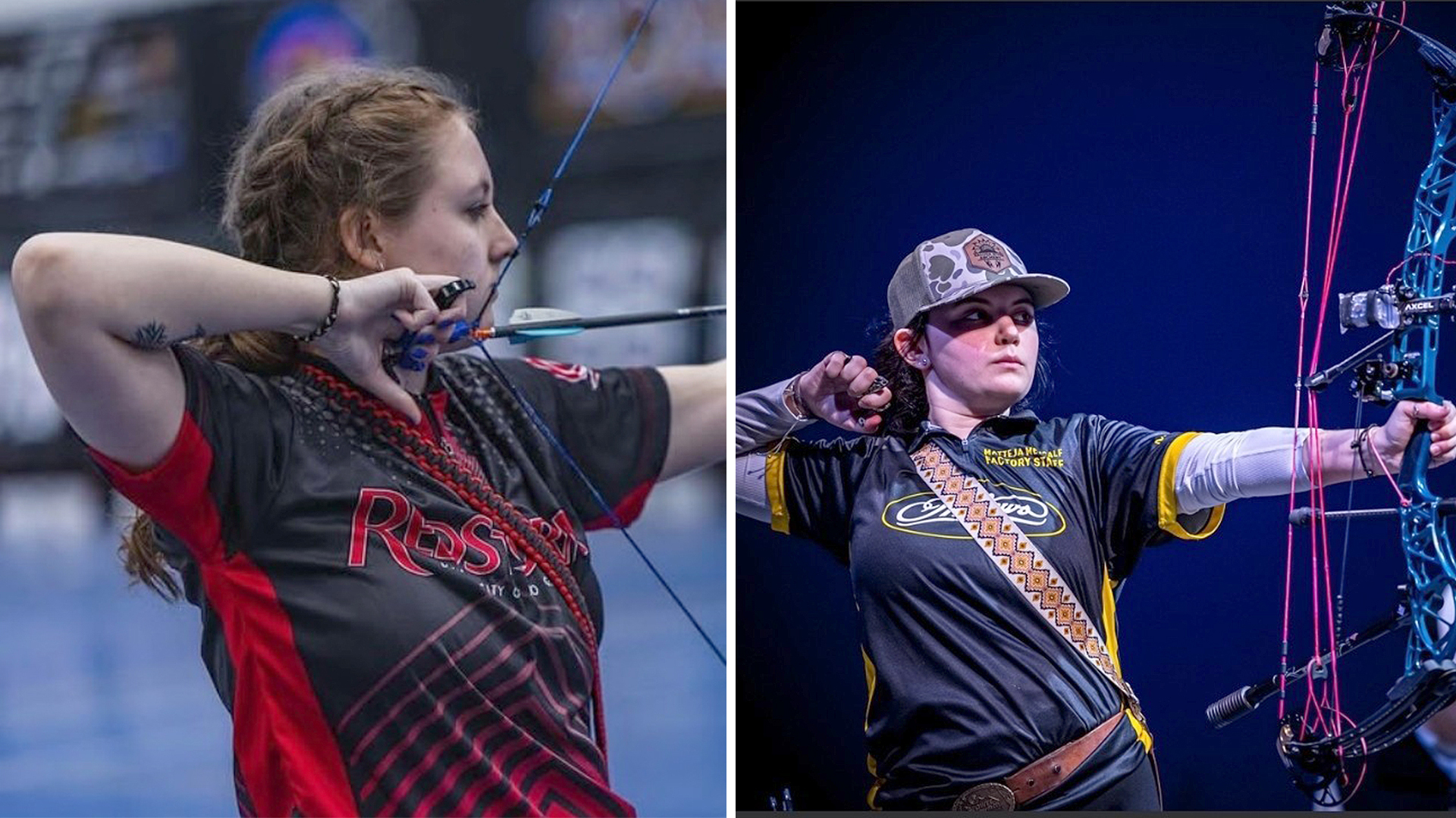 Rio Grande's Danielle Pollard (left) took first place in Collegiate Women's Fixed Pins, while teammate Matteja Metcalf (right) placed third in Compound Women's Open at the Lancaster Archery Classic.