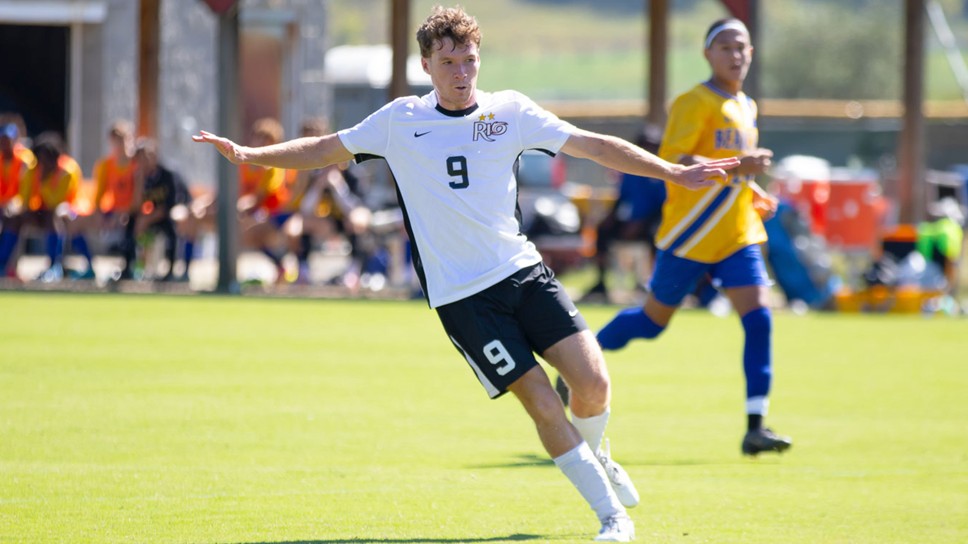 Rio Grande's Joe McInnes scored a pair of goals in Saturday's 6-1 win over Brescia University at Evan E. Davis Field. The win was the 563rd for head coach Scott Morrissey, making him the all-time winningest men's soccer coach in NAIA history.