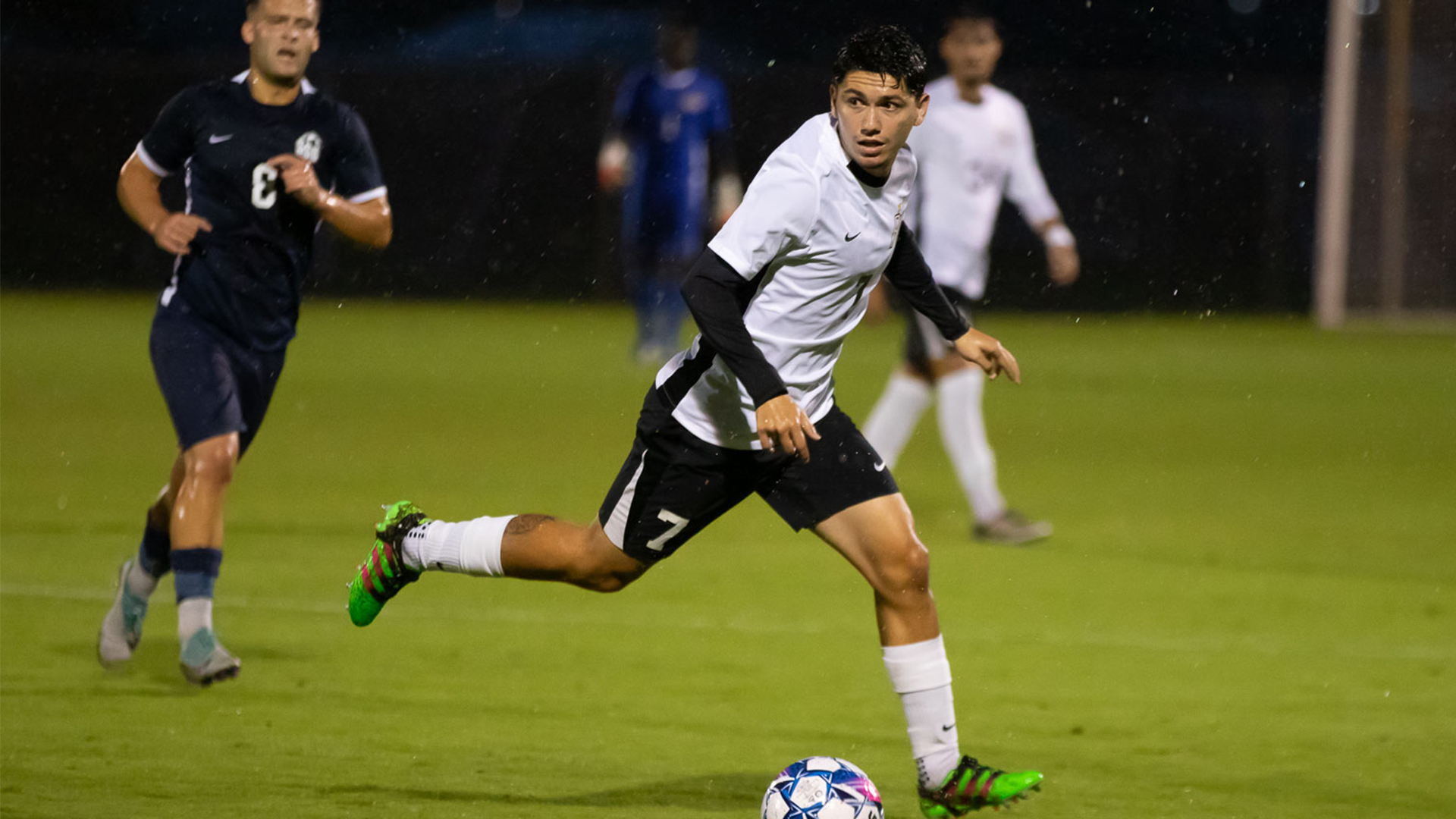 Rio Grande's Tommy Munoz Salazar eyes an open path upfield during Saturday night's 2-0 win over Shawnee State at Evan E. Davis Field.