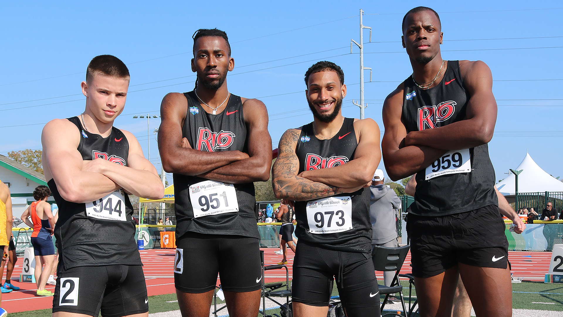 Rio Grande's 4x200 relay team finished third with a new school record time of 1:27.61 at the Myrtle Beach Collegiate Challenge. The squad included, from left to right, Mason Coffman, Travon Houston, Daunevyn Woodson and Troy Mason.