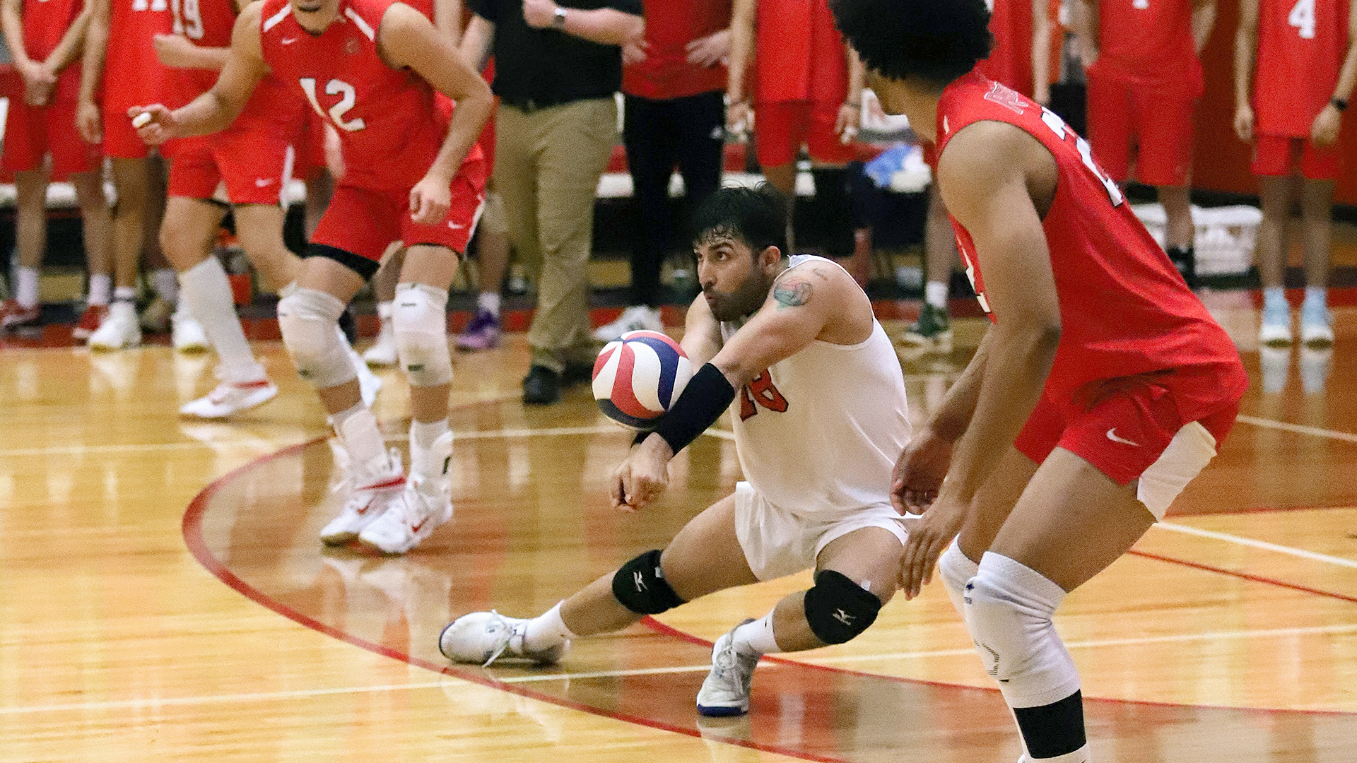 Rio Grande's Maaz Khan comes up with one of his 21 digs in Saturday's 3-2 loss to Oakland City University at the Newt Oliver Arena.