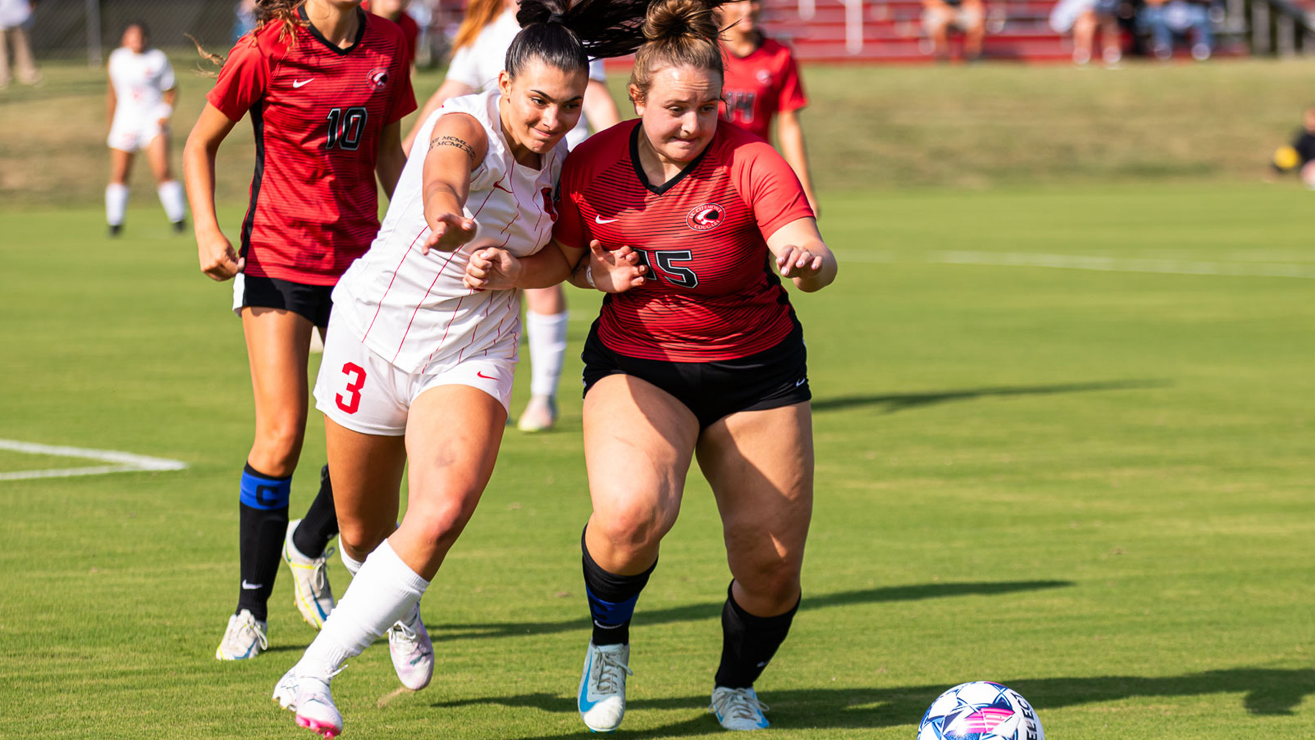 Rio Grande's Amora Albano races Cincinnati Clermont's Julia Pinkham to the ball during Wednesday's 2-1 win over the visiting Cougars at Evan E. Davis Field.