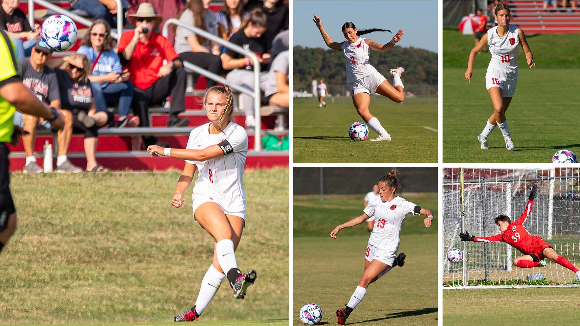 Rio Grande's Hannah Halstead was named to the All-RSC Women's Soccer First Team and was also named the RSC Defensive Player of the Year. Amora Albano (top middle) and Jitske De Muijnk (top right) were also First Team honorees, while Abi Seals (bottom middle) and Alba Vilades Marin (bottom right) were Second Team picks.