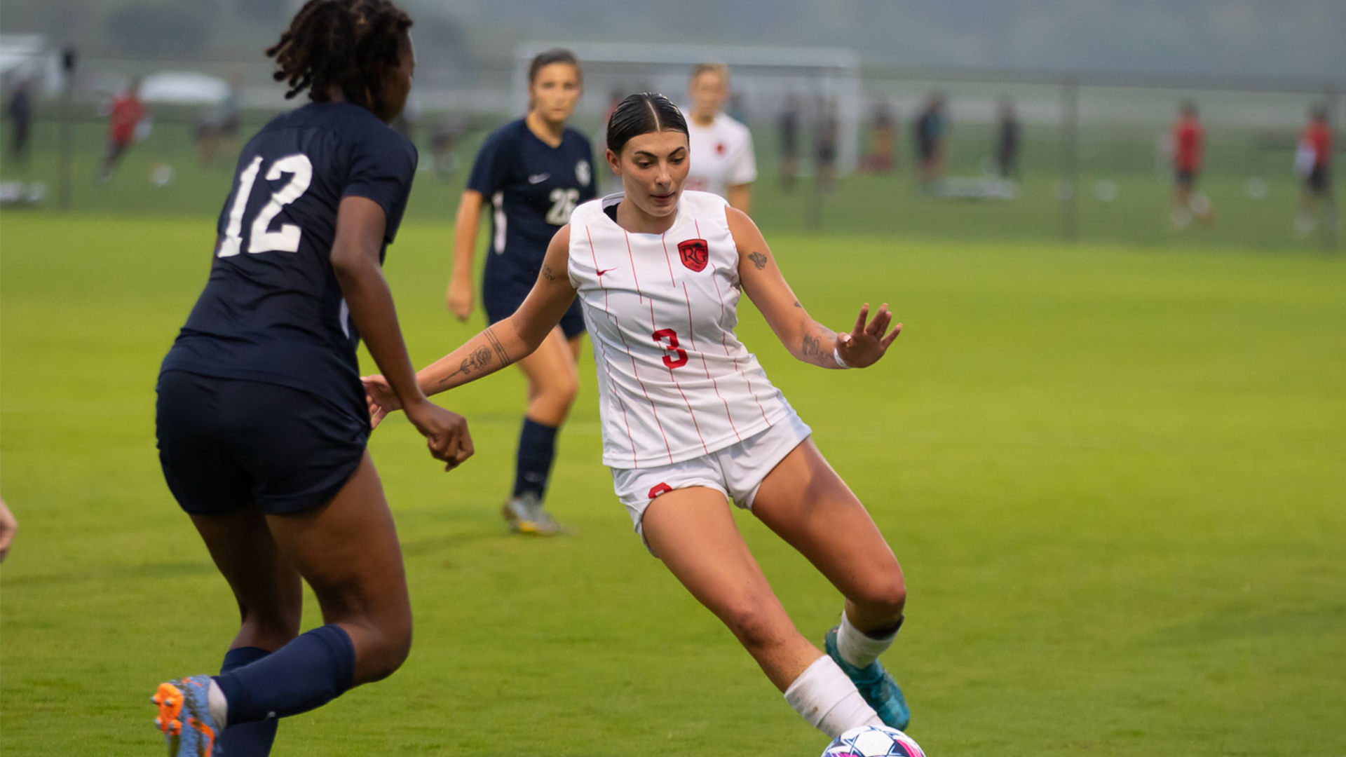 Rio Grande's Amora Albano scored a pair of goals in the RedStorm's 4-1 win over rival Shawnee State University, Saturday evening at rainy Evan E. Davis Field.