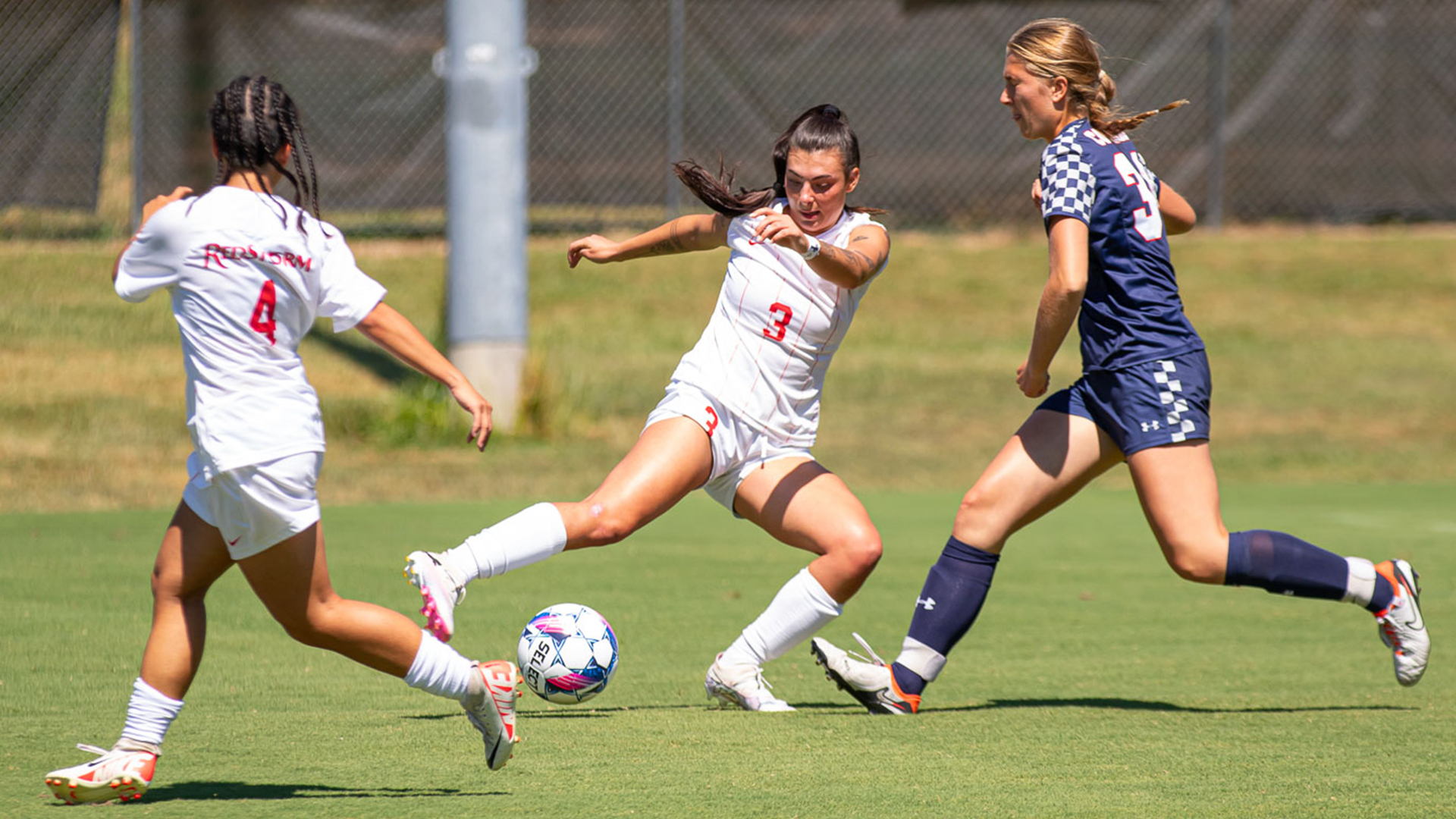 Rio Grande's Amora Albano (3) scored all of the RedStorm's goals in a 3-0 win over Cleary University, Monday afternoon, at Evan E. Davis Field.