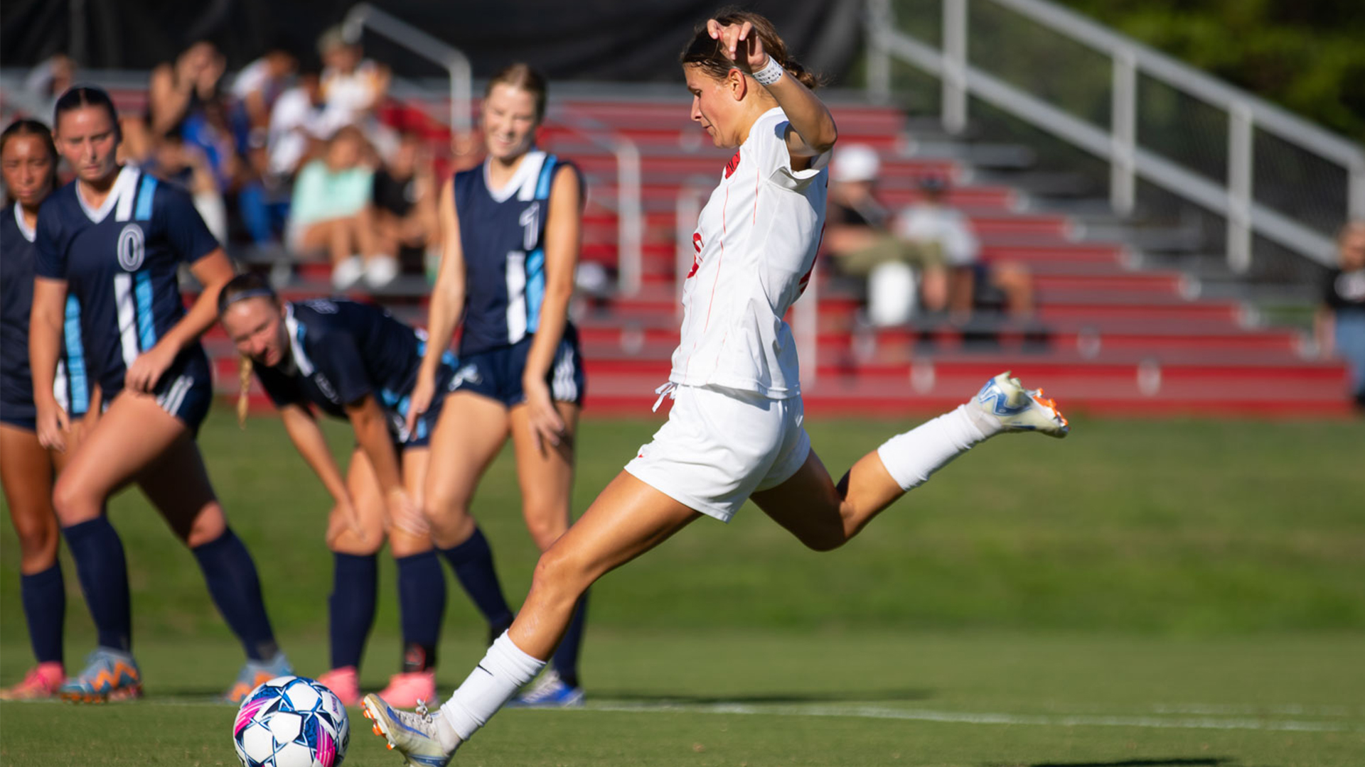 Rio's Jitske De Muijnk scores on a first half penalty kick during the RedStorm's 4-0 win over St. Mary-of-the-Woods, Thursday afternoon, at Evan E. Davis Field.