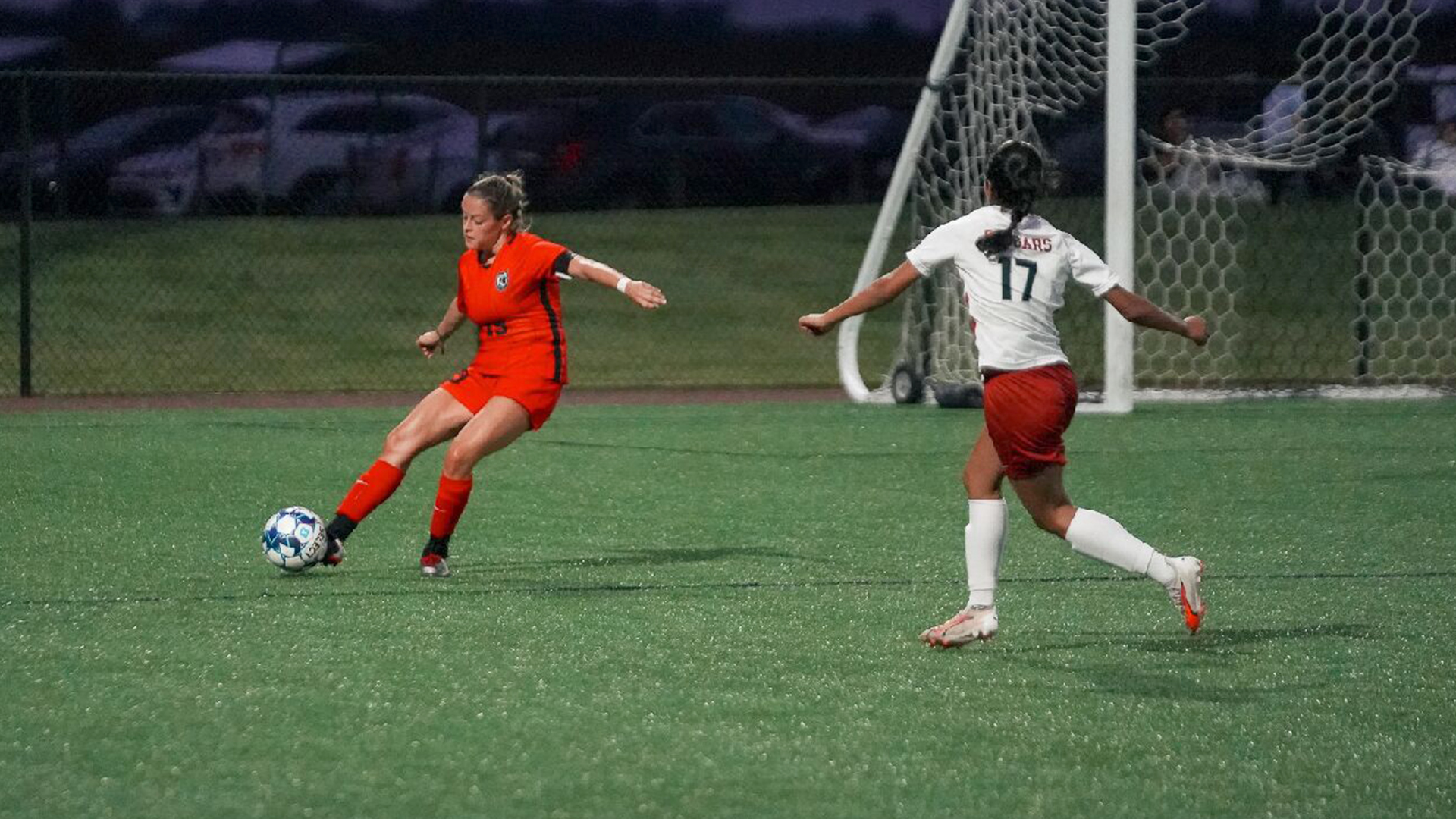 Rio Grande's Abi Seals tries to work the ball past an IU Kokomo defender during Thursday night's 0-0 draw in Kokomo, Indiana.