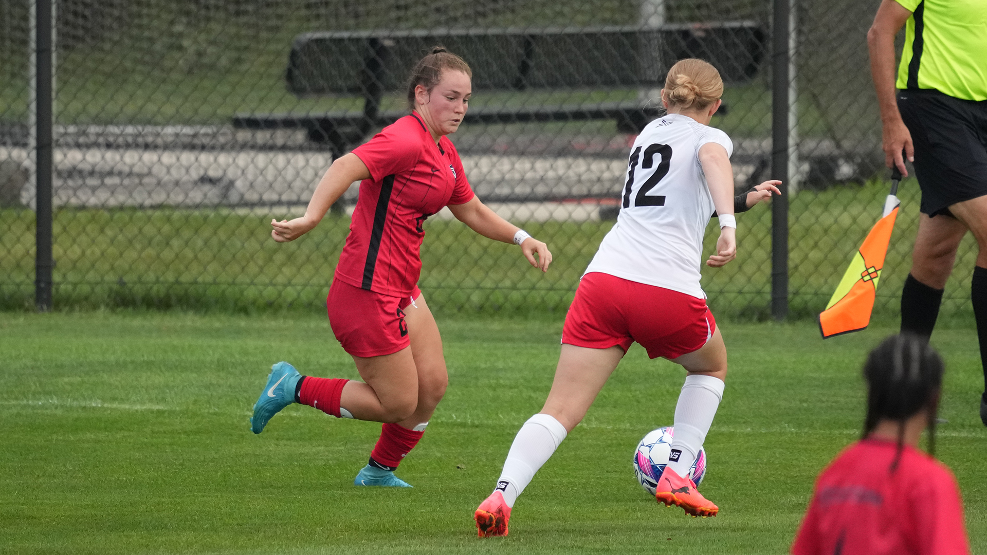 Rio Grande's Amelia Willis tries to work the ball upfield during Saturday's 5-0 loss at Grace College in Winona Lakes, Ind.