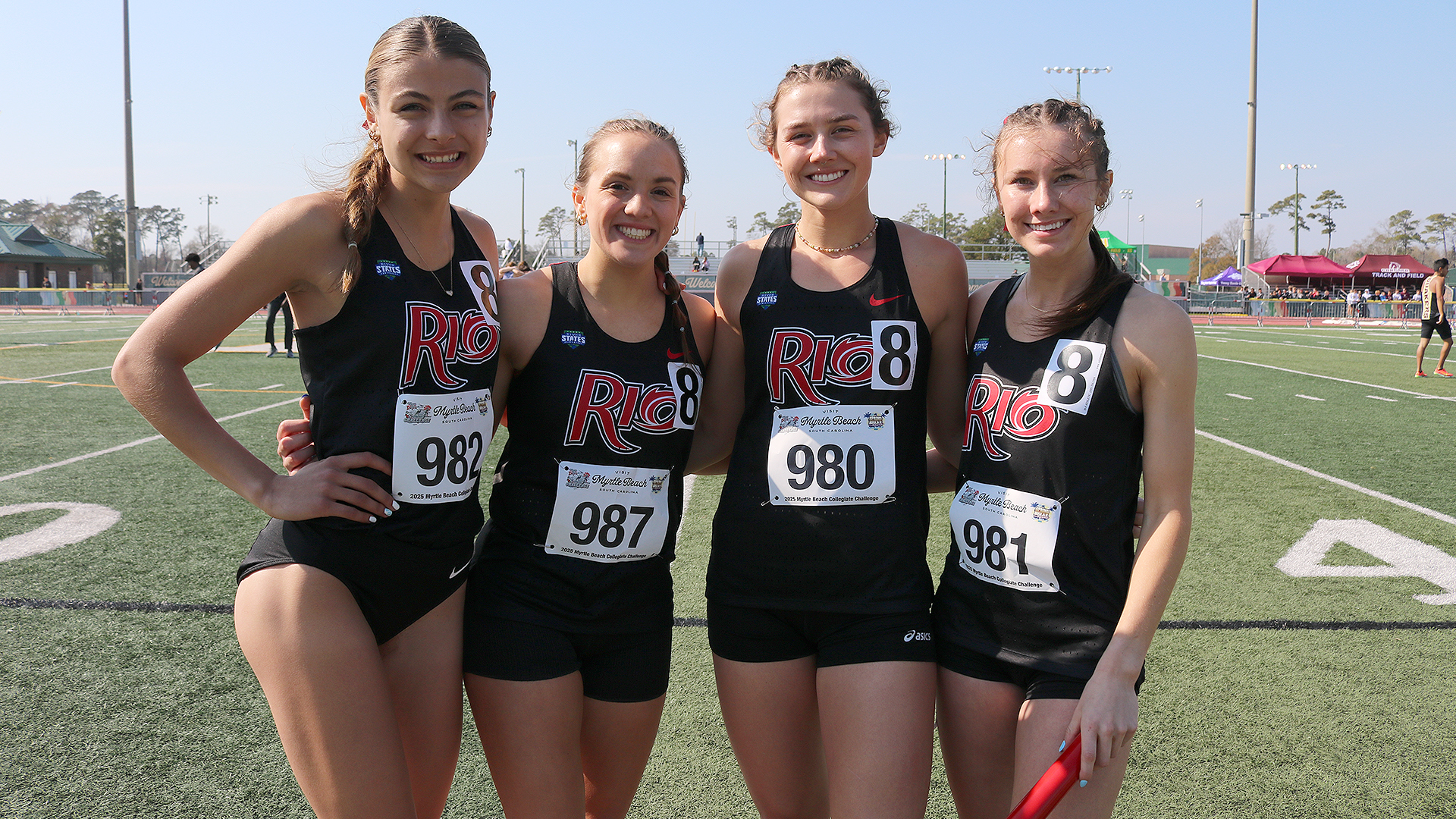 Rio Grande's 4x800 relay team, comprised of (from left to right) Amarissa Kerns, Jayden Roach, Kendra Grooms and Laura Hamm, finished third at the Myrtle Beach Collegiate Challenge.